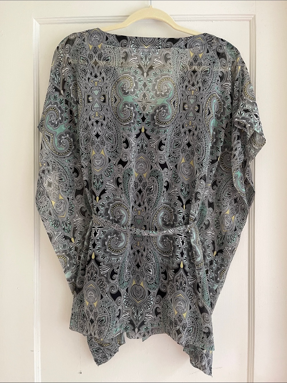 Sheer Overlay Flowy Paisley Caftan Style Top with Sash Belt and Liner Tank - Picture 3 of 13